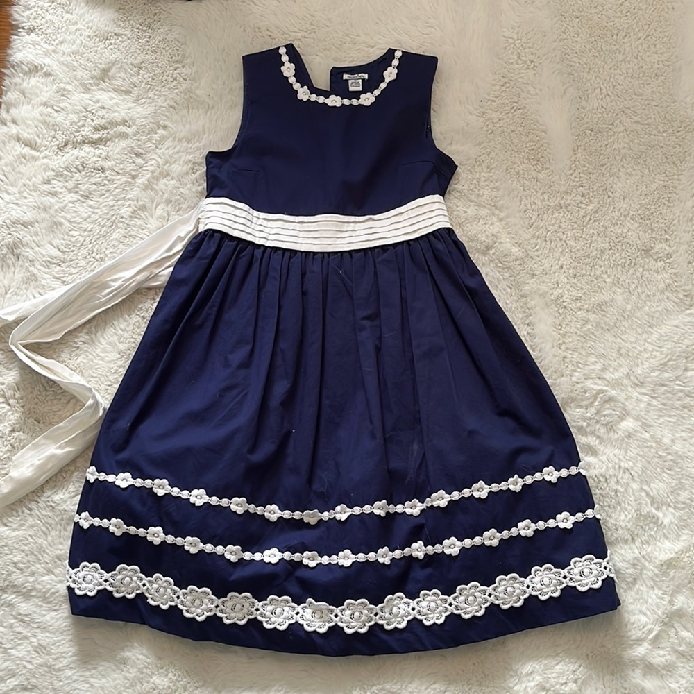 Hartstrings Girls Navy Flower Tie Back Dress